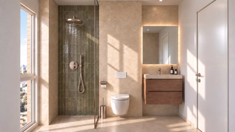 Visualisierung: Dusche/WC mit beleuchtetem Spiegel